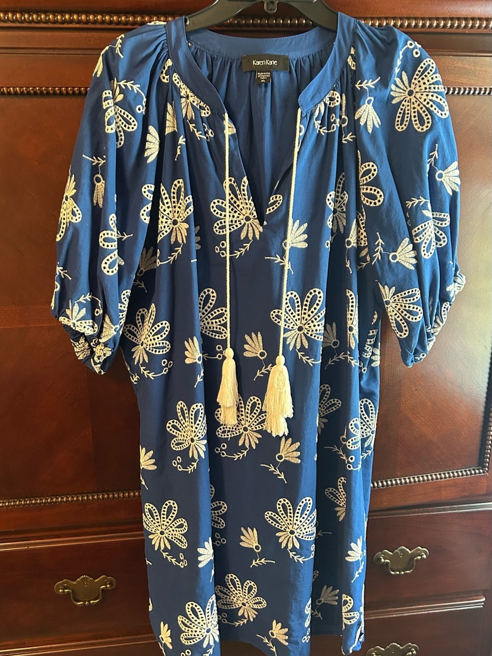 Karen Kane Blue Floral Embroidered Tassel Dress